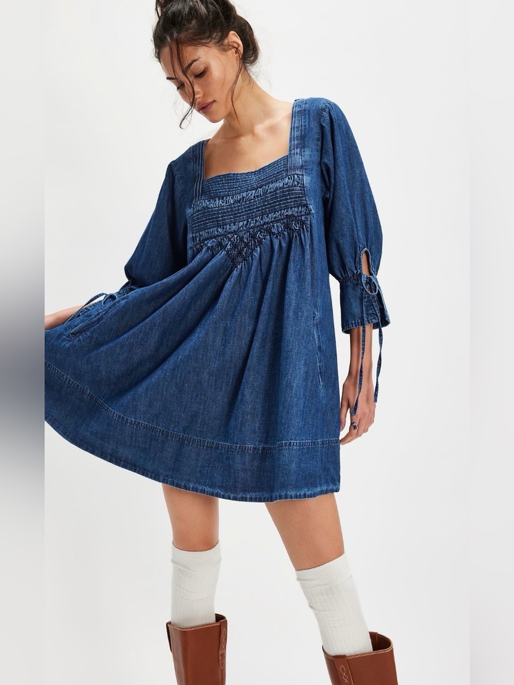 Free People Sonora Chambray Denim Mini Dress Midnight Rinse NWT 💯 Cotton